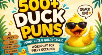 A vibrant hand-painted wooden sign reading 500+ Hilarious Duck Puns: Funny, Cute & Quack-tastic Wordplay for Every Occasion surrounded by colorful cartoon ducks and flowers.