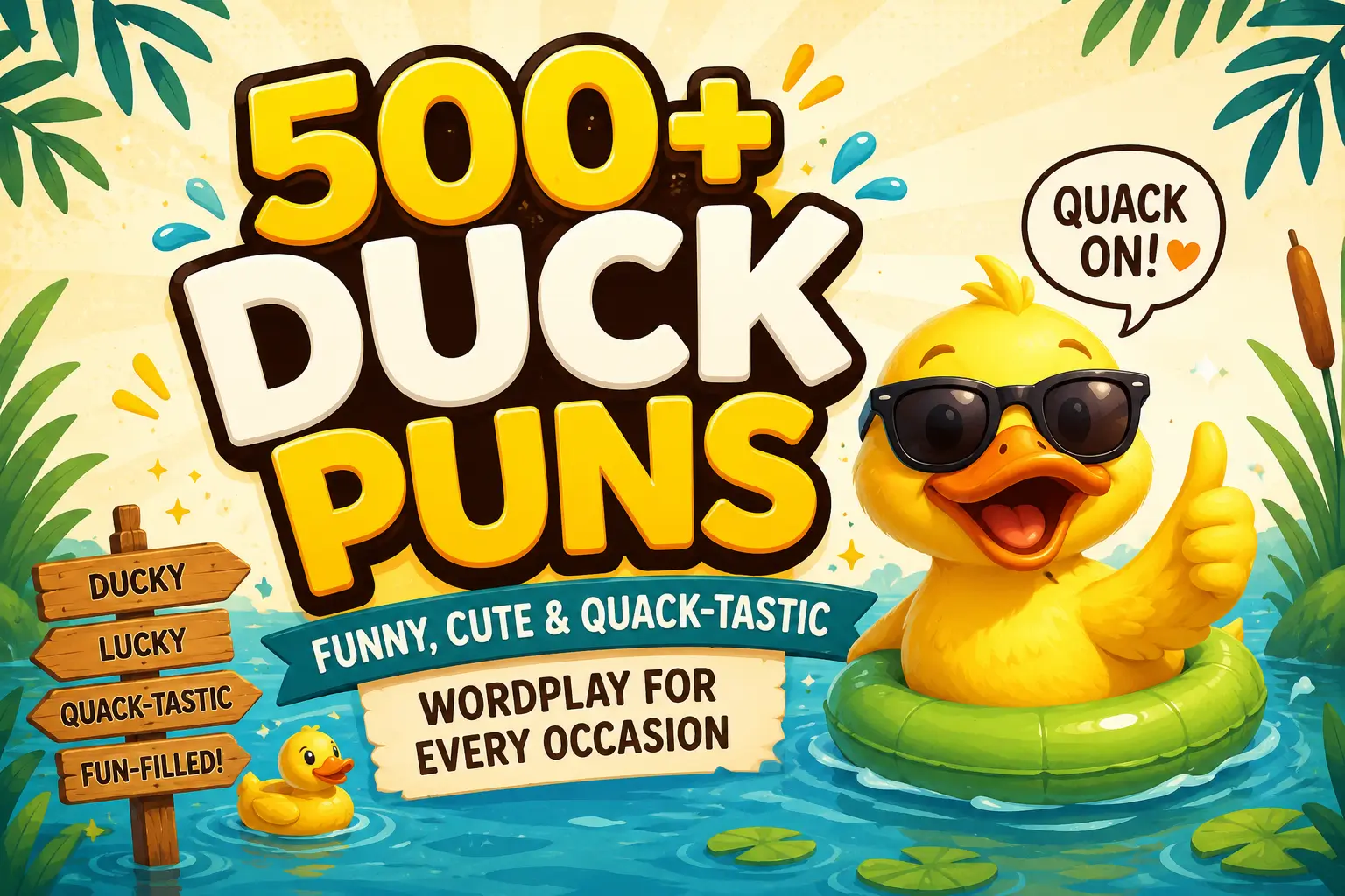 A vibrant hand-painted wooden sign reading 500+ Hilarious Duck Puns: Funny, Cute & Quack-tastic Wordplay for Every Occasion surrounded by colorful cartoon ducks and flowers.