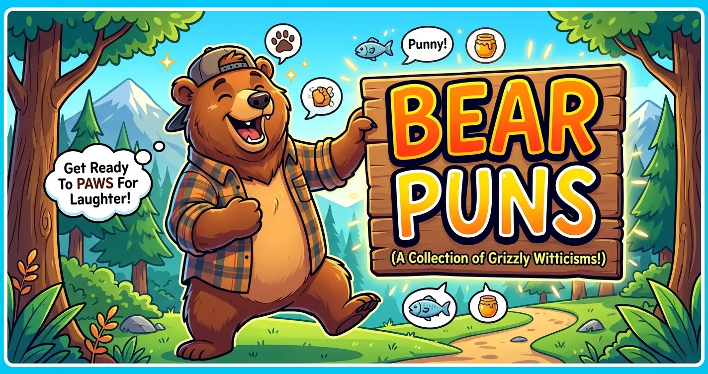 A cheerful cartoon bear holding a wooden sign that reads Bear Puns in a forest setting.