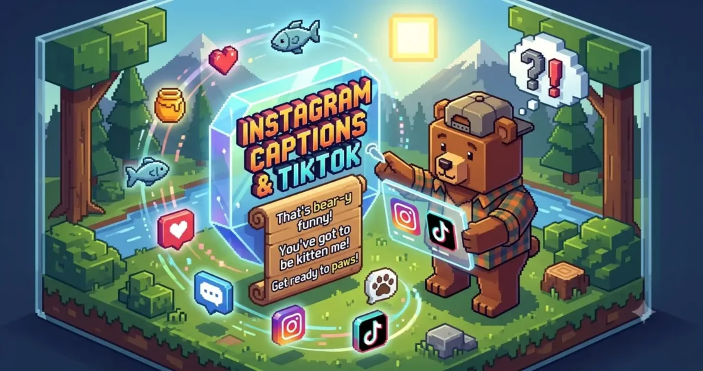 A 3D isometric pixel art diorama of a cartoon bear in a flannel shirt holding a crystal, surrounded by social media icons like Instagram and TikTok, with a scroll displaying bear puns.