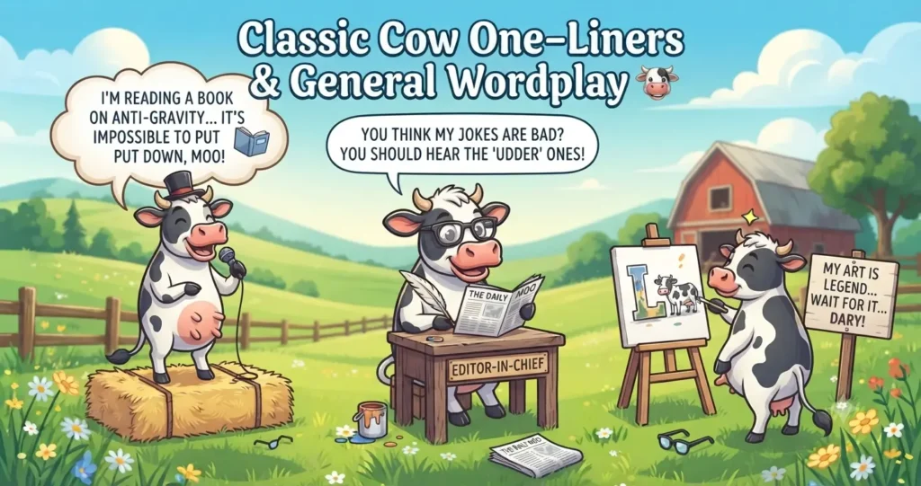 Cartoon illustration of three happy Holstein cows in a pasture, with speech bubbles containing classic cow puns like 'Legend-dairy' and 'Bad Moos'.