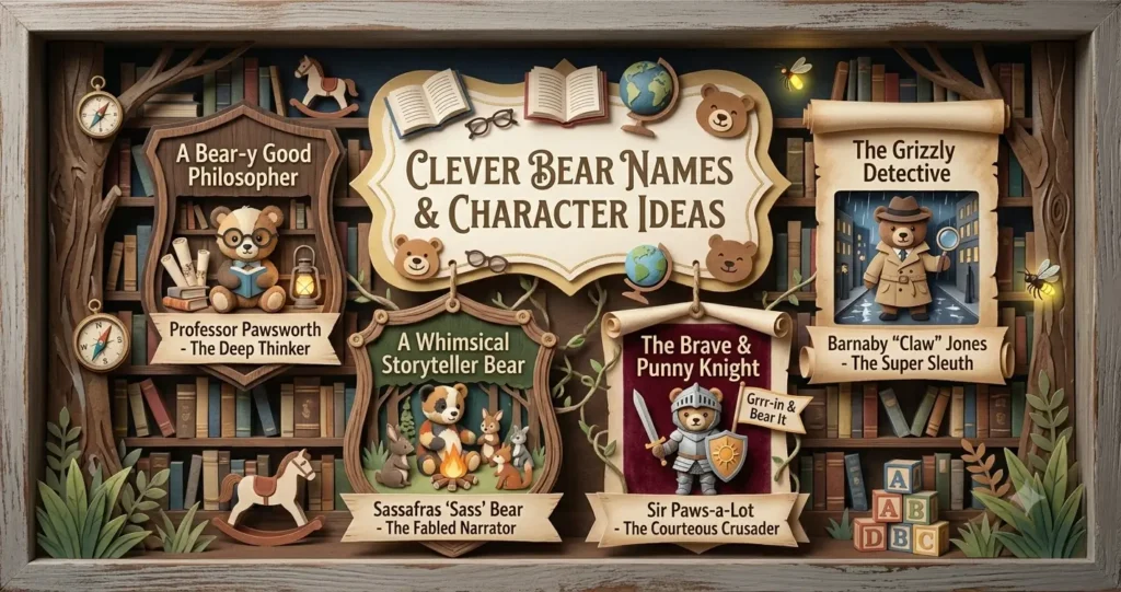 A shadowbox library display filled with bookshelves, books, and framed character cards featuring bear personas including Professor Pawsworth, Sir Paws-a-Lot, and Barnaby 'Claw' Jones around a sign reading 'CLEVER BEAR NAMES & CHARACTER IDEAS'.