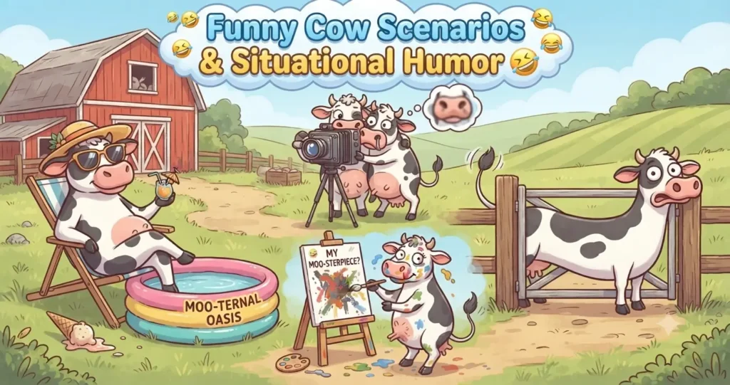 artoon illustration of multiple cows in humorous situations, including one in a kiddie pool, cows taking a selfie, and a cow painting.