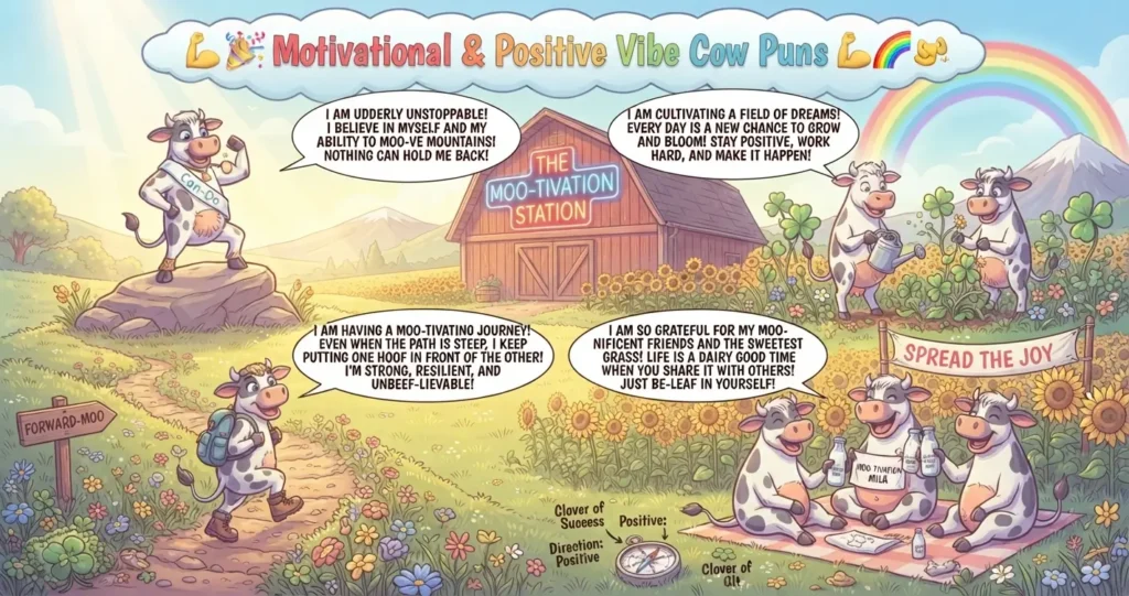 Cartoon illustration of anthropomorphic cows sharing motivational and positive vibe puns in front of 'The Moo-tivation Station' barn under a bright rainbow.