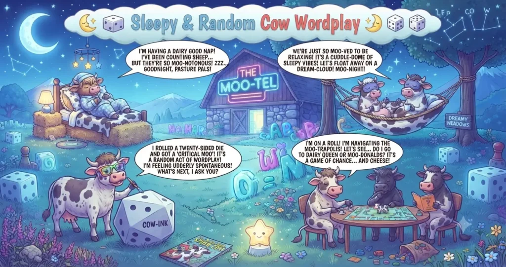 Cartoon illustration of anthropomorphic cows in a dreamy nighttime setting with a crescent moon, sleeping in a bed, relaxing in a hammock, painting a twenty-sided die, and playing board games outside 'The Moo-Tel'.