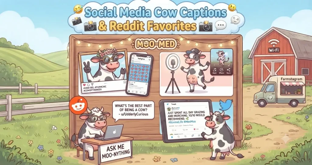 Cartoon illustration of multiple cows in a farm setting, each interacting with a different social media platform like Instagram, TikTok, Reddit, and Twitter.
