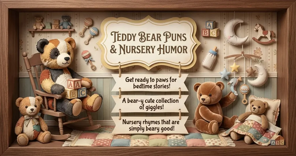 An intricate cut-paper diorama illustration of a vintage nursery scene with antique teddy bears, alphabet blocks, a mobile, and a sign reading 'TEDDY BEAR PUNS & NURSERY HUMOR'. Banners below detail puns about bedtime stories and giggles.
