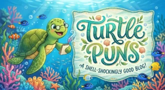 Cute sea turtle underwater next to 'Turtle Puns' text for the ultimate collection of turtle puns, jokes, and captions