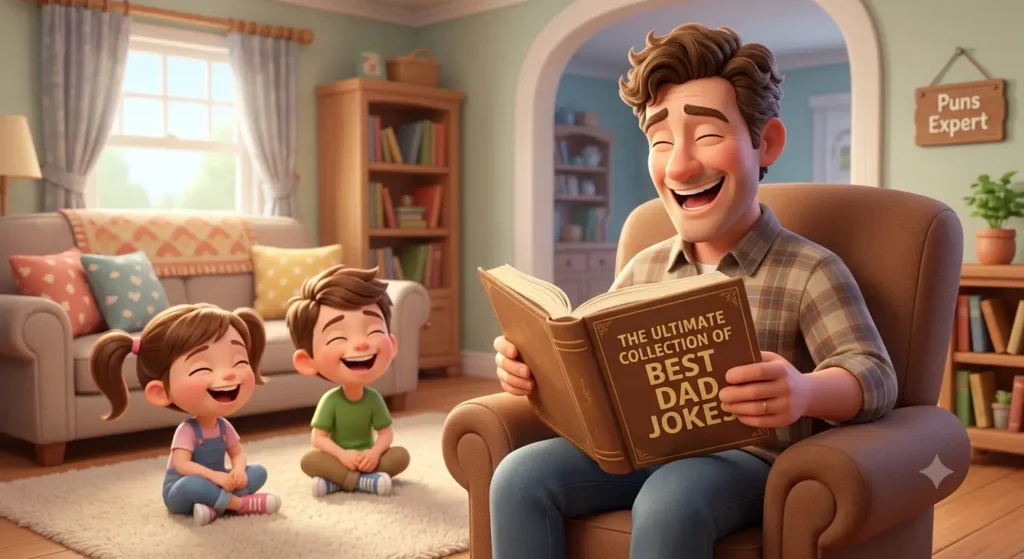 Best dad puns shared by a laughing cartoon dad delivering funny one-liner jokes to smiling family members.