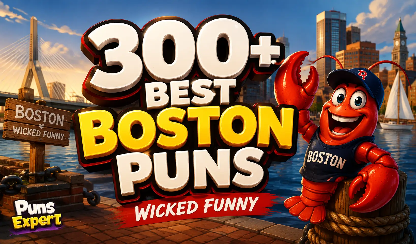 300+ Boston Puns thumbnail with a cartoon lobster and Boston skyline