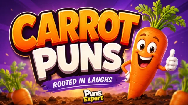 Colorful carrot puns thumbnail with bold 3D text, smiling carrot mascot, and Puns Expert branding.