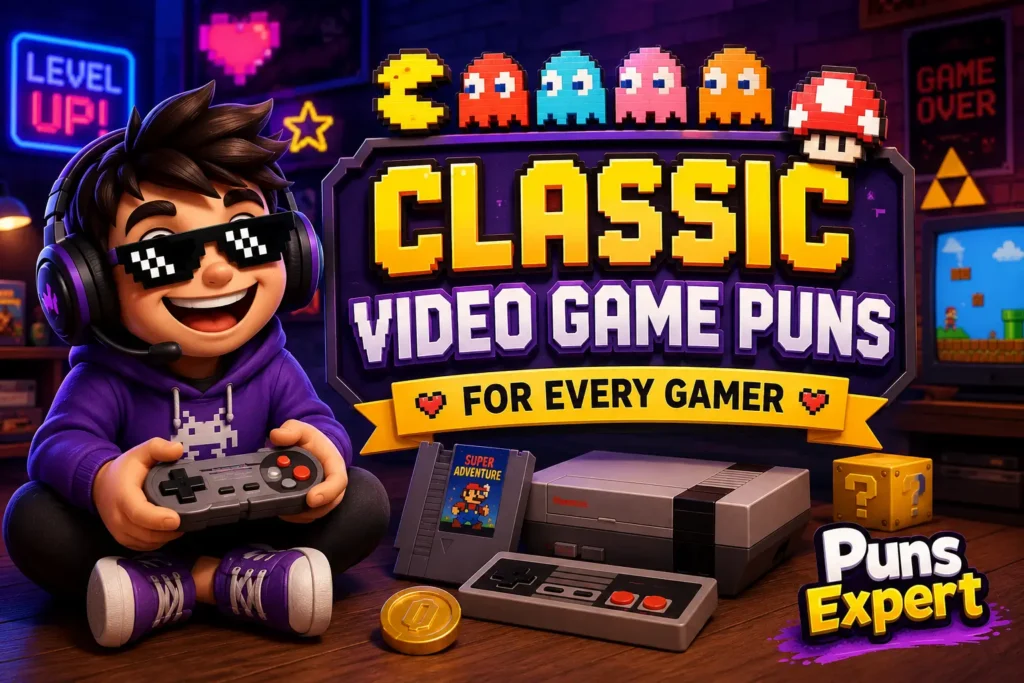Cartoon gamer with retro console and classic gaming puns title in a colorful arcade-themed scene.