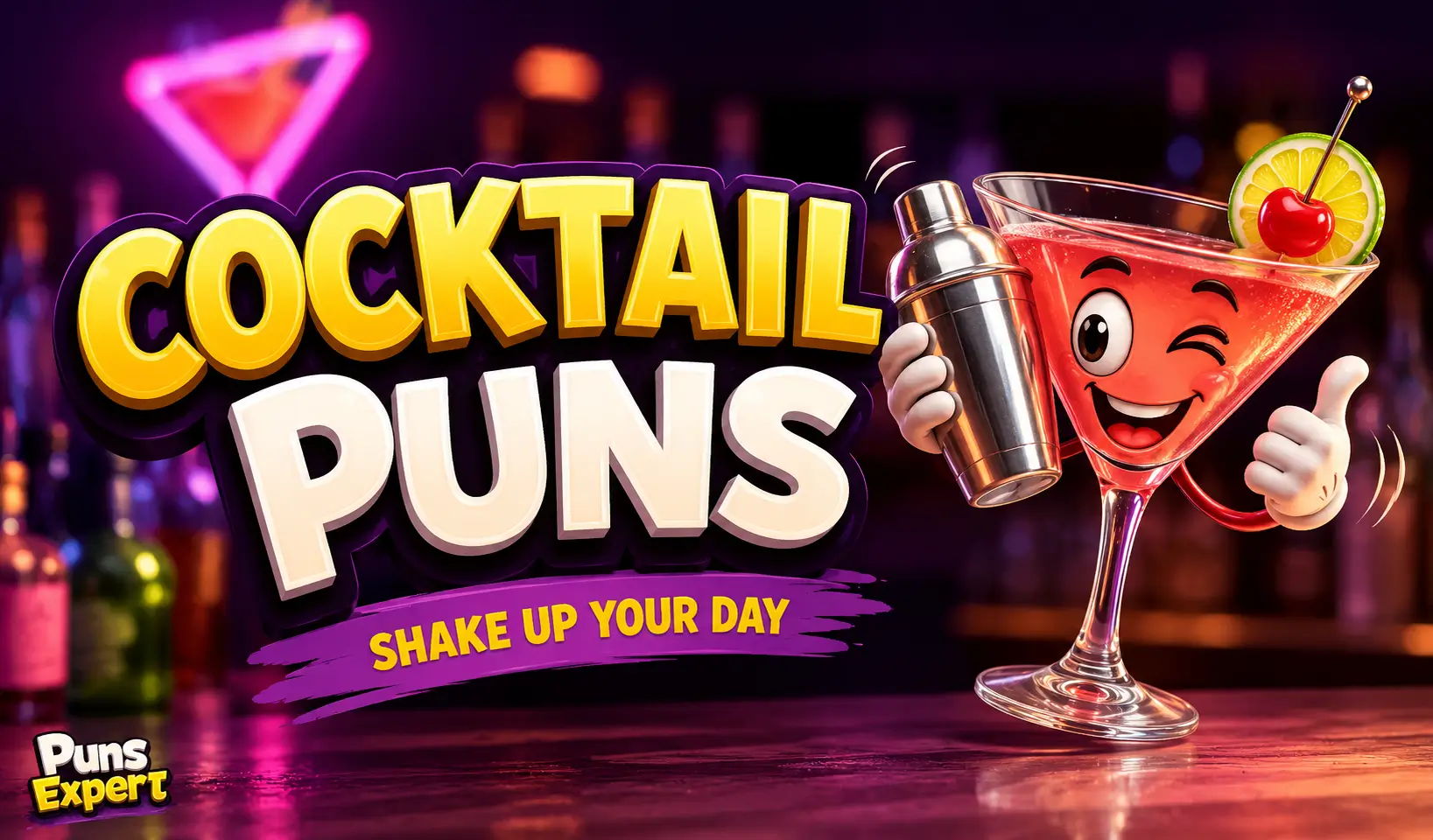 Colorful Cocktail Puns thumbnail with bold 3D text and a smiling cartoon cocktail shaking a mixer.