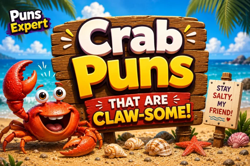 Happy cartoon crab beside a wooden sign reading "Crab Puns That Are Claw-Some" with the Puns Expert logo.