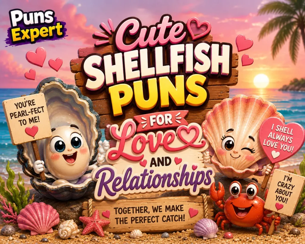 Cute cartoon oyster, scallop, and crab with a romantic beach sign reading "Cute Shellfish Puns for Love and Relationships" and the Puns Expert logo.