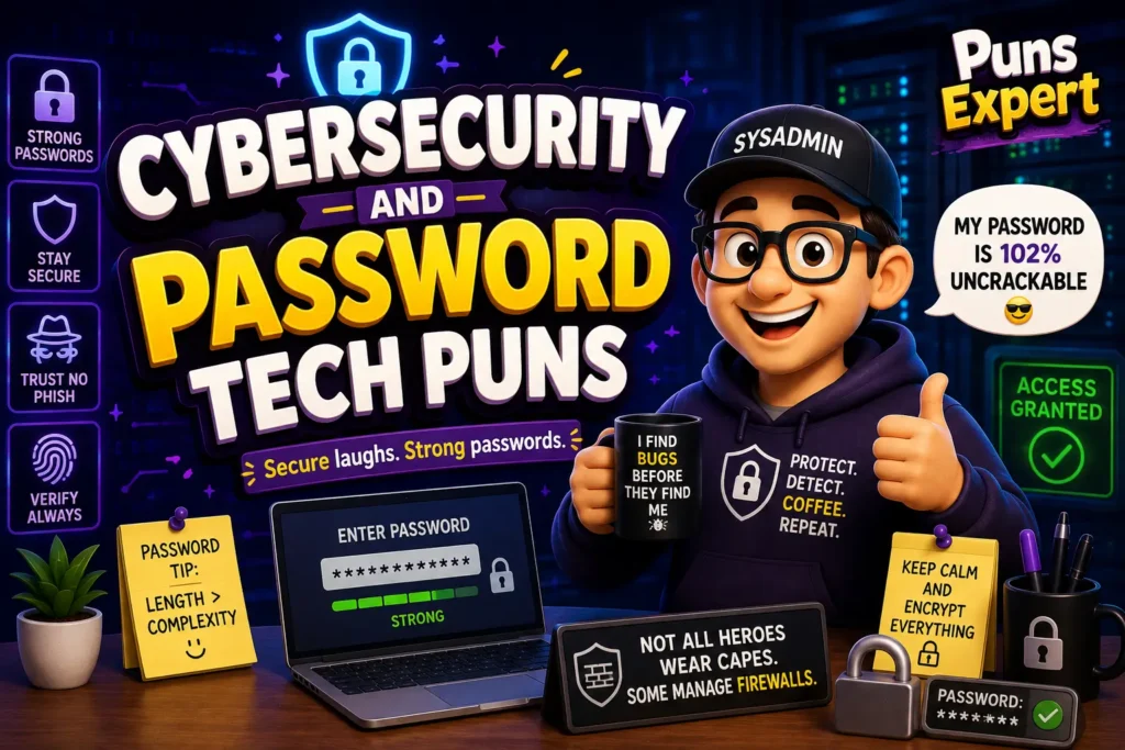 Cartoon cybersecurity expert with password protection icons and Tech Puns artwork in a modern server room.