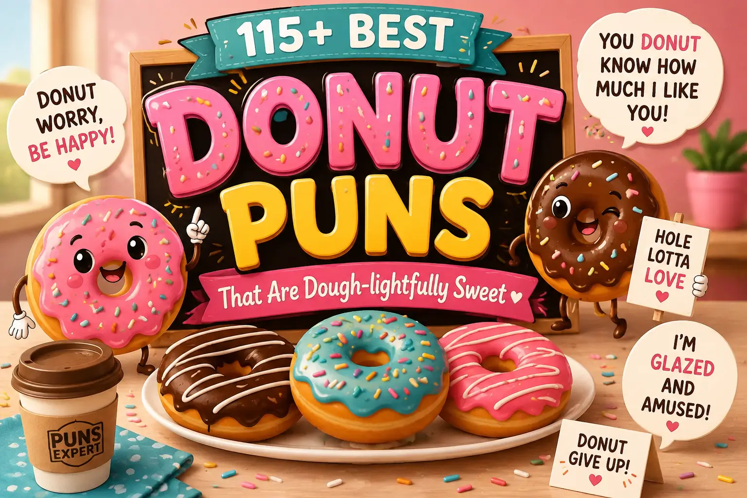 A cheerful cartoon glazed donut smiling in a cozy bakery, surrounded by colorful sprinkles and sweet pastries.