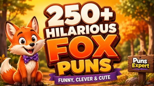 Cartoon fox thumbnail featuring 250+ Hilarious Fox Puns with bold 3D text, woodland background, and Puns Expert branding.