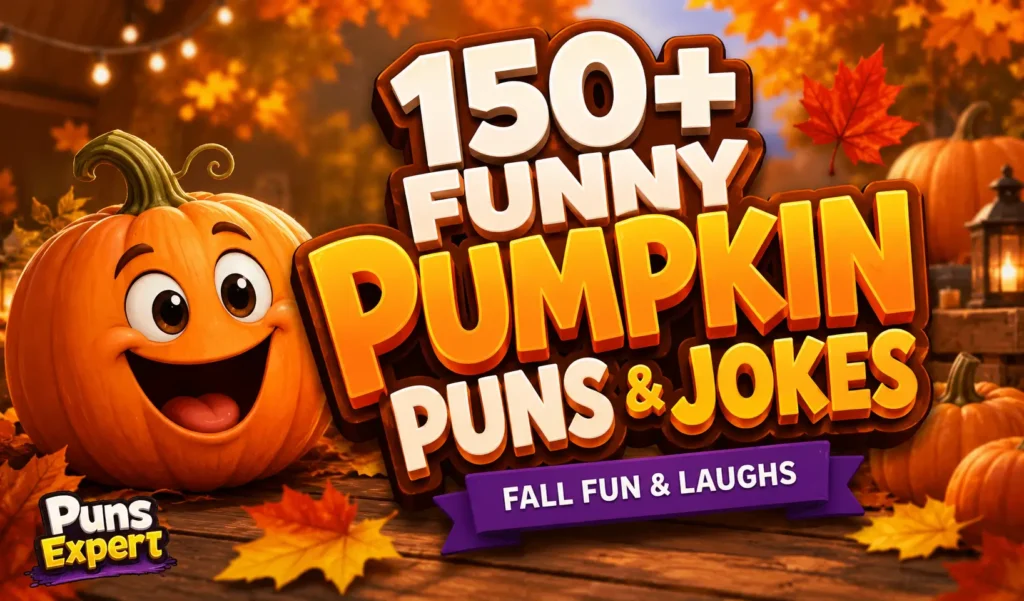 Cartoon pumpkin with bold 3D "Funny Pumpkin Puns & Jokes" text and Puns Expert logo for the funny pumpkin puns article.