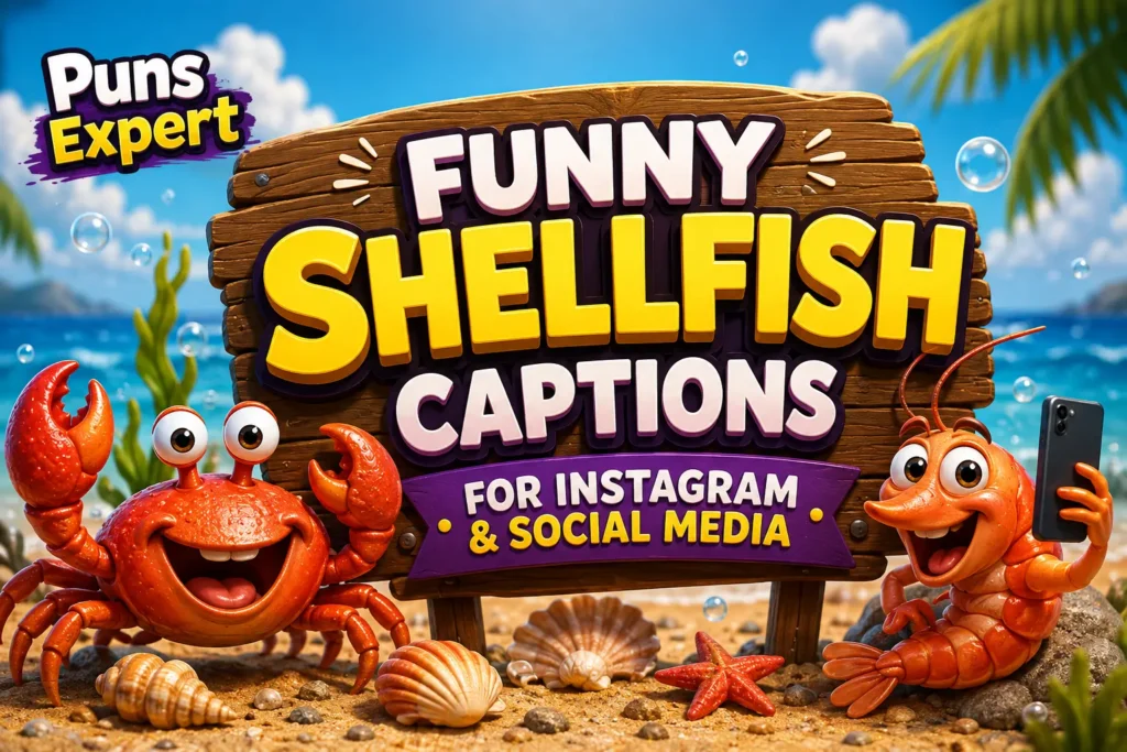 Cartoon crab and shrimp with a beach sign reading "Funny Shellfish Captions for Instagram & Social Media" and the Puns Expert logo.