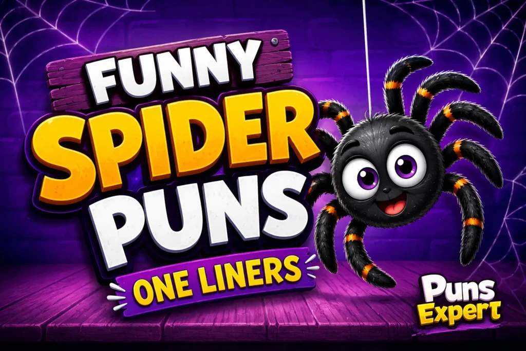 Cute cartoon spider beside a Funny Spider Puns One Liners sign with webs and the Puns Expert logo.