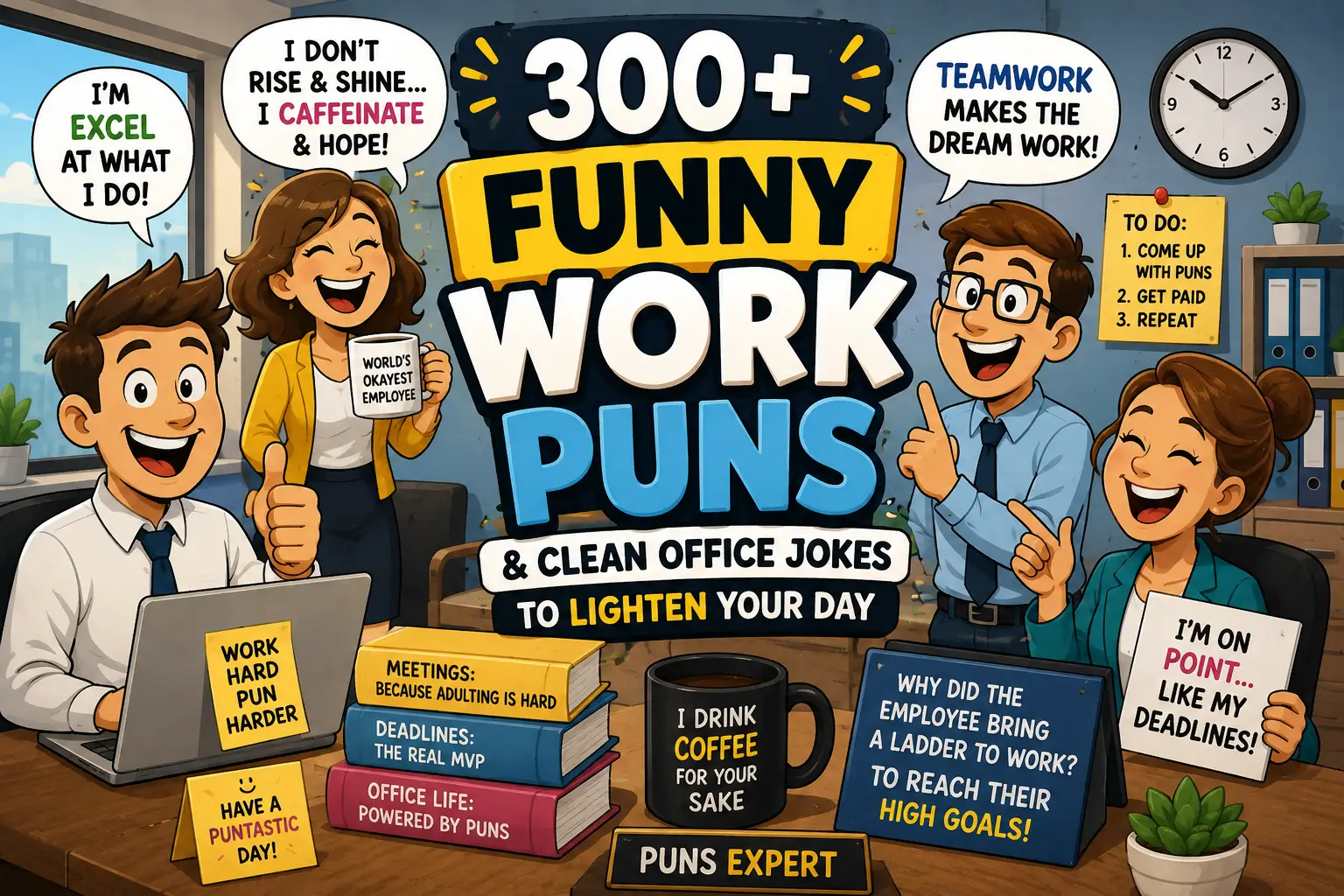 Cartoon coworkers laughing at funny work puns written on a whiteboard in a modern office setup.