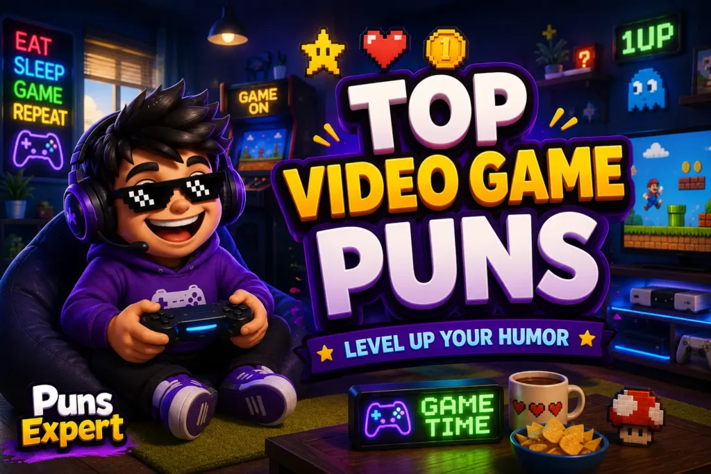 Cartoon gamer kid enjoying a retro arcade room with bold Top Video Game Puns title and Puns Expert logo.