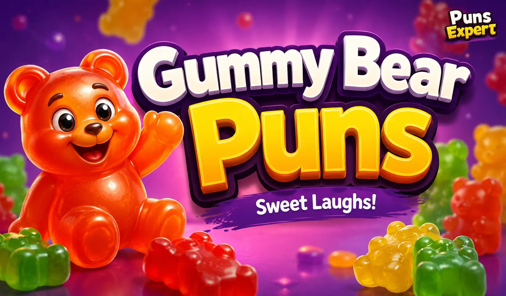Colorful thumbnail featuring a cartoon gummy bear and bold 3D text for gummy bear puns.