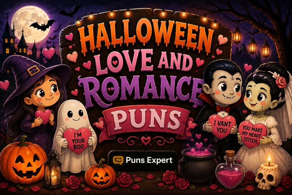 Cartoon Halloween couples around a "Halloween Love and Romance Puns" sign with hearts and pumpkins.
