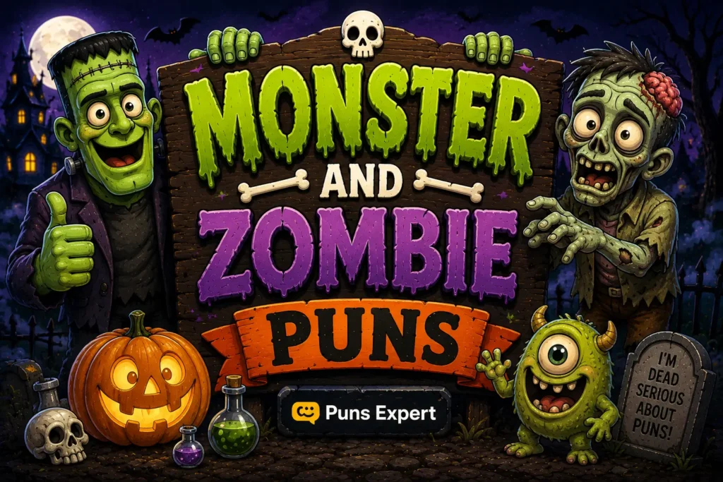 Cartoon monster and zombie beside a "Monster and Zombie Puns" sign with Halloween decorations.