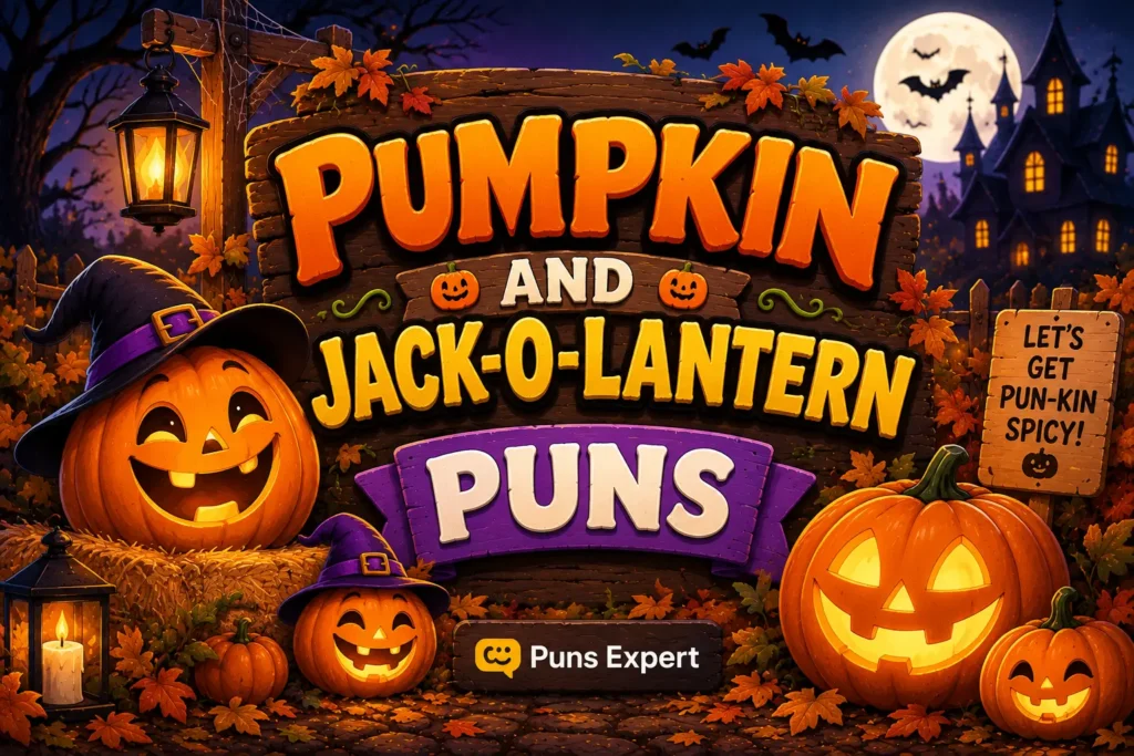 Cartoon pumpkins and glowing jack-o'-lanterns around a "Pumpkin and Jack-O-Lantern Puns" sign.