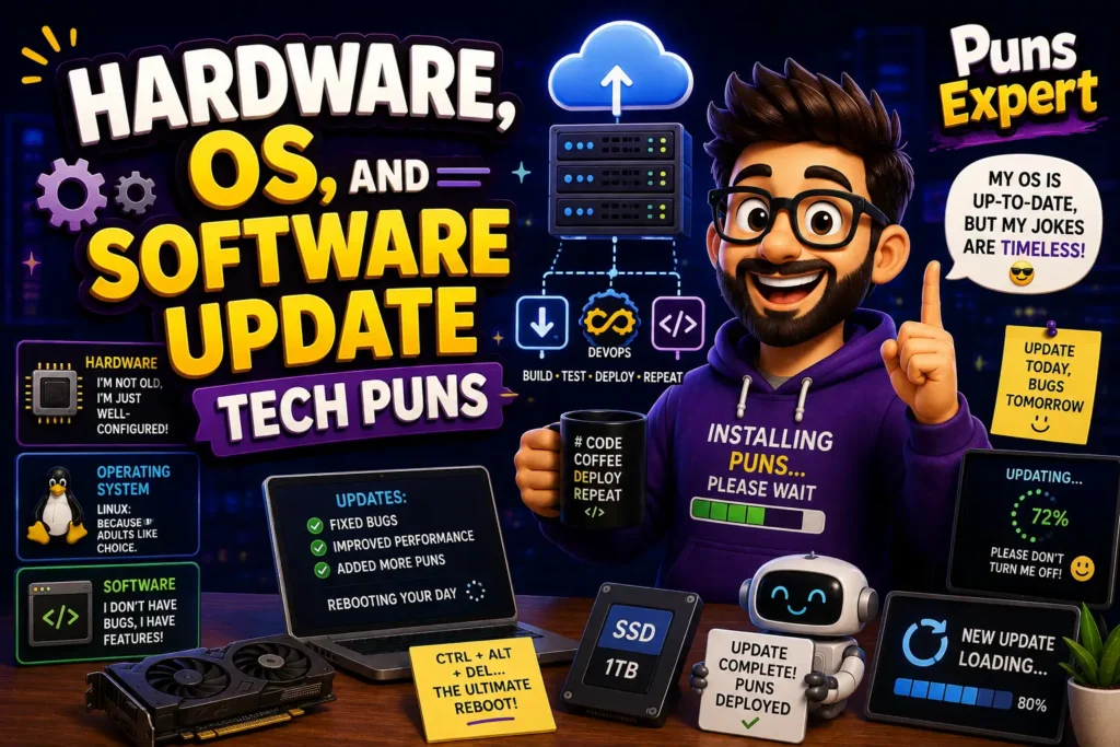 Cartoon tech expert with computer hardware, operating system, and software update illustrations for Tech Puns.