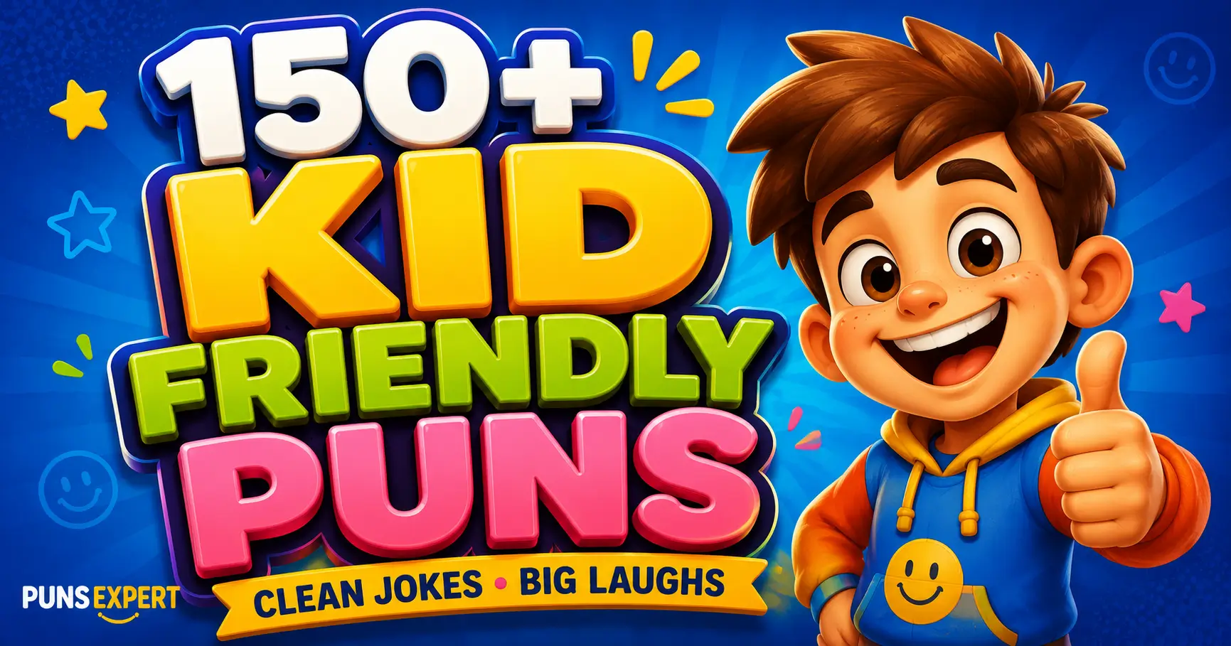 Colorful thumbnail with bold 3D "Kid Friendly Puns" text and a smiling cartoon child giving a thumbs-up.