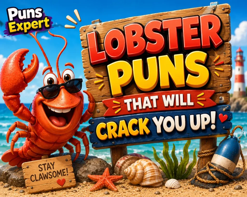 Smiling cartoon lobster beside a beach sign reading "Lobster Puns That Will Crack You Up" with the Puns Expert logo.