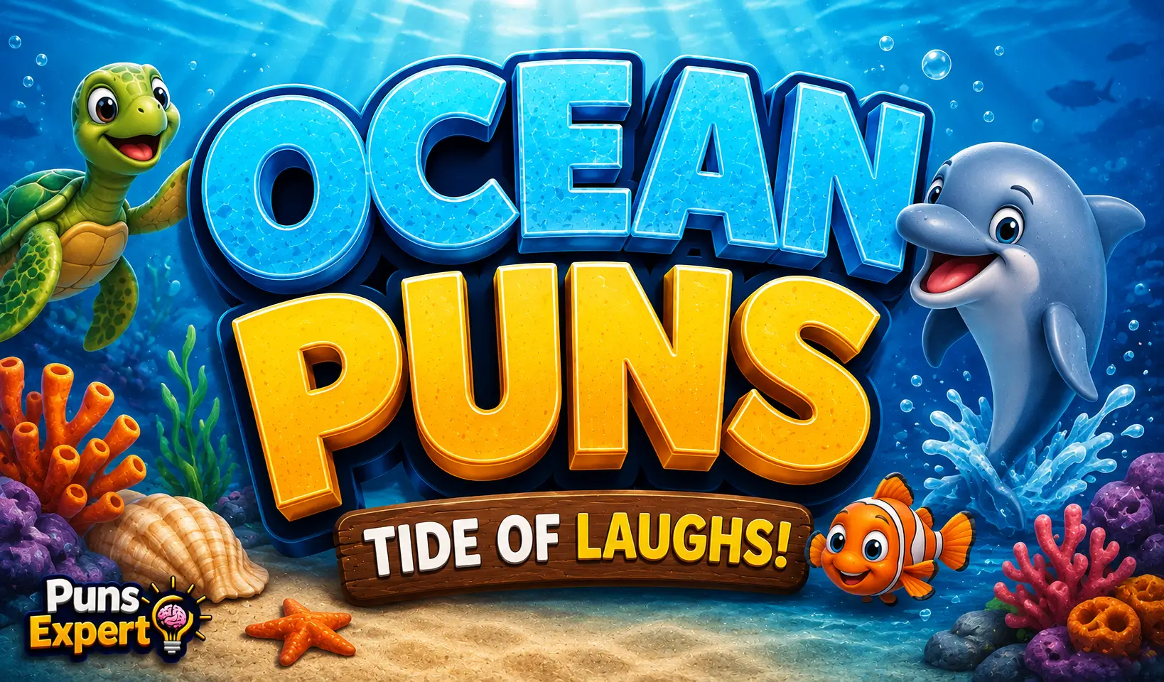 Colorful Ocean Puns thumbnail featuring bold 3D text, smiling sea animals, and an underwater background.