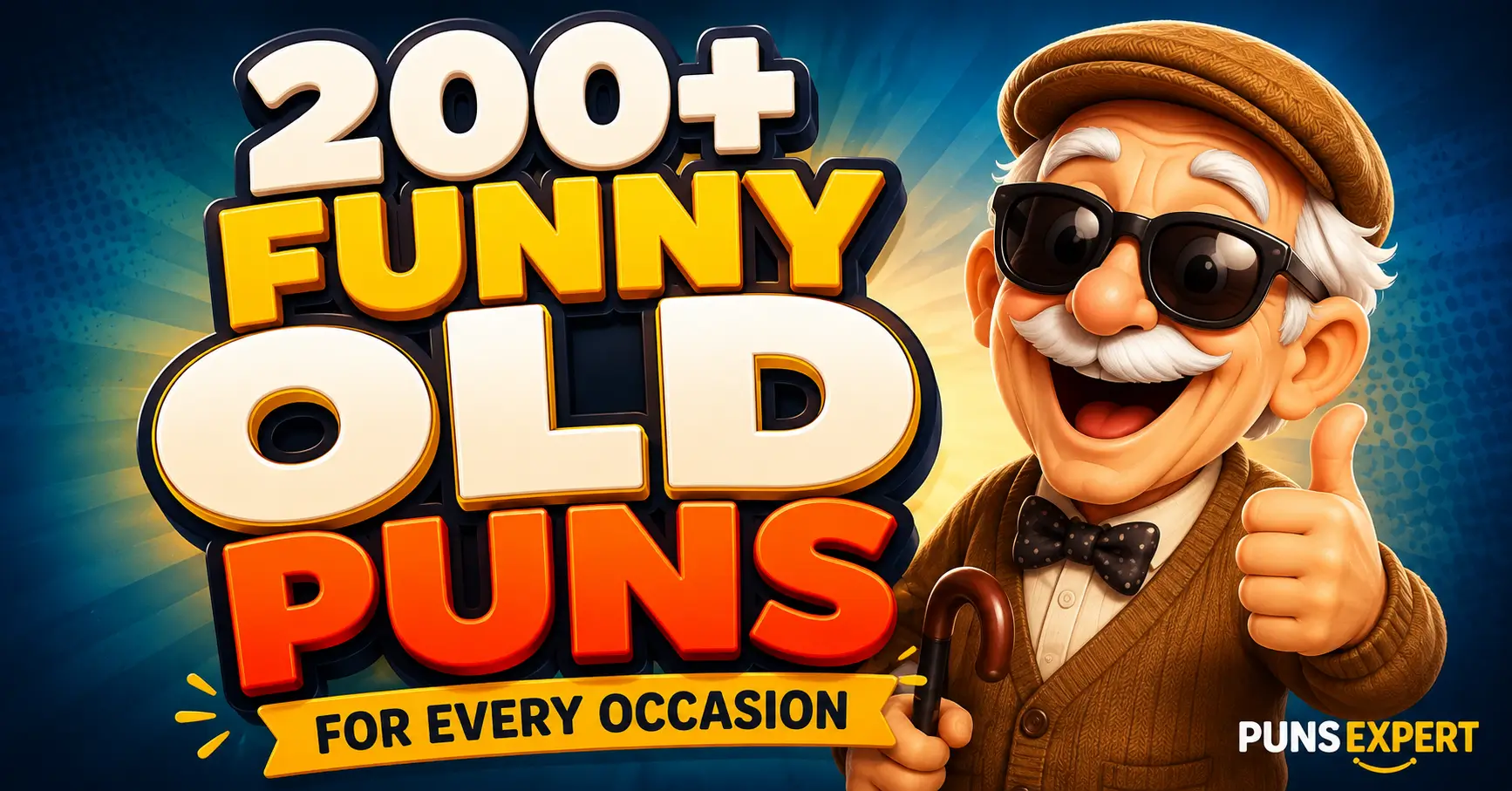 Colorful thumbnail with bold 3D "Old Puns" text and a smiling elderly cartoon character.