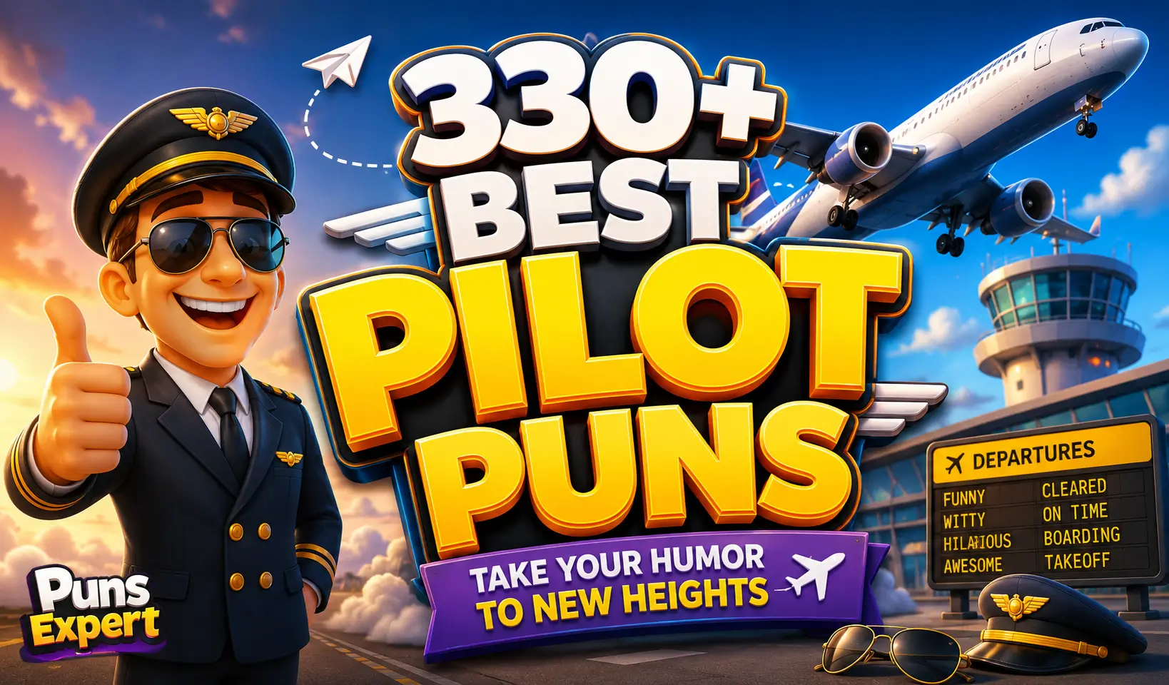 330+ pilot puns thumbnail featuring a cartoon pilot and airplane
