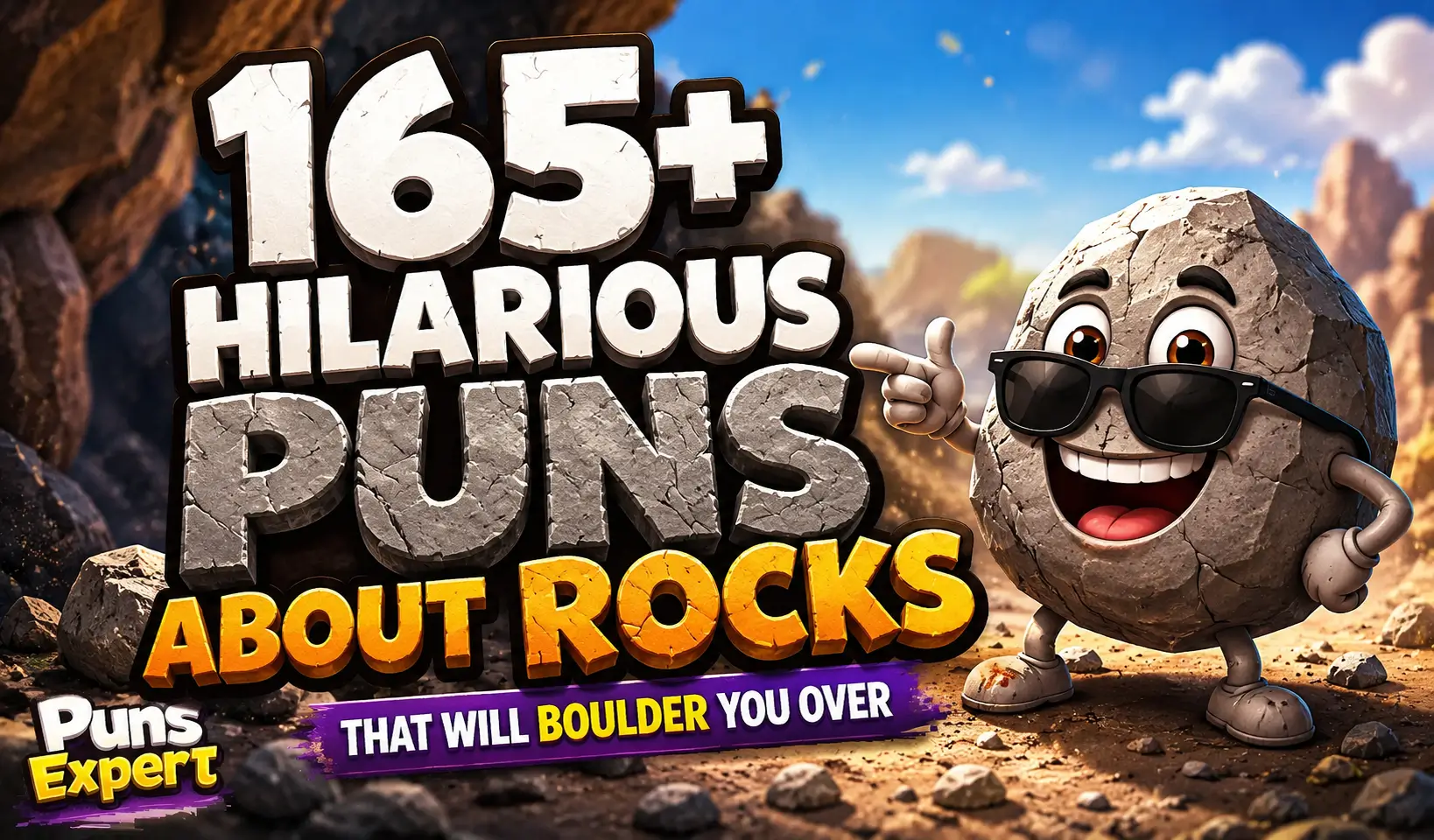 165+ hilarious puns about rocks cartoon thumbnail with a funny rock character