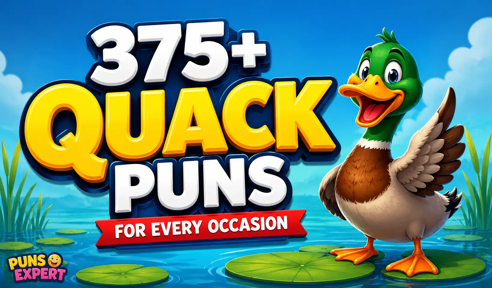375+ quack puns thumbnail with a funny cartoon duck by a pond
