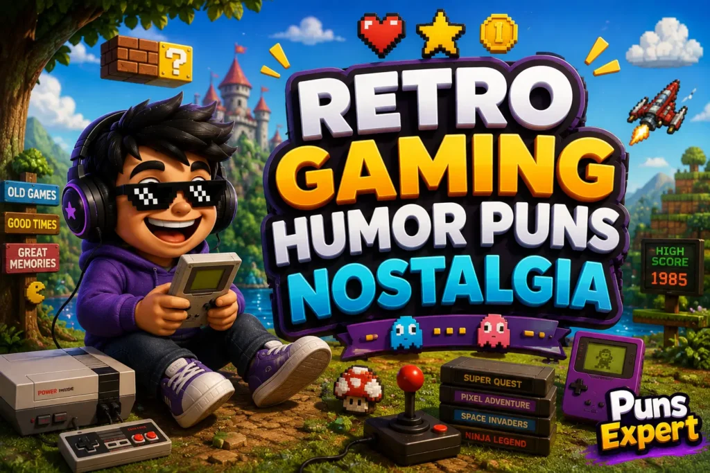 Cartoon kid gamer enjoying retro gaming puns with classic arcade consoles and nostalgic pixel game elements.