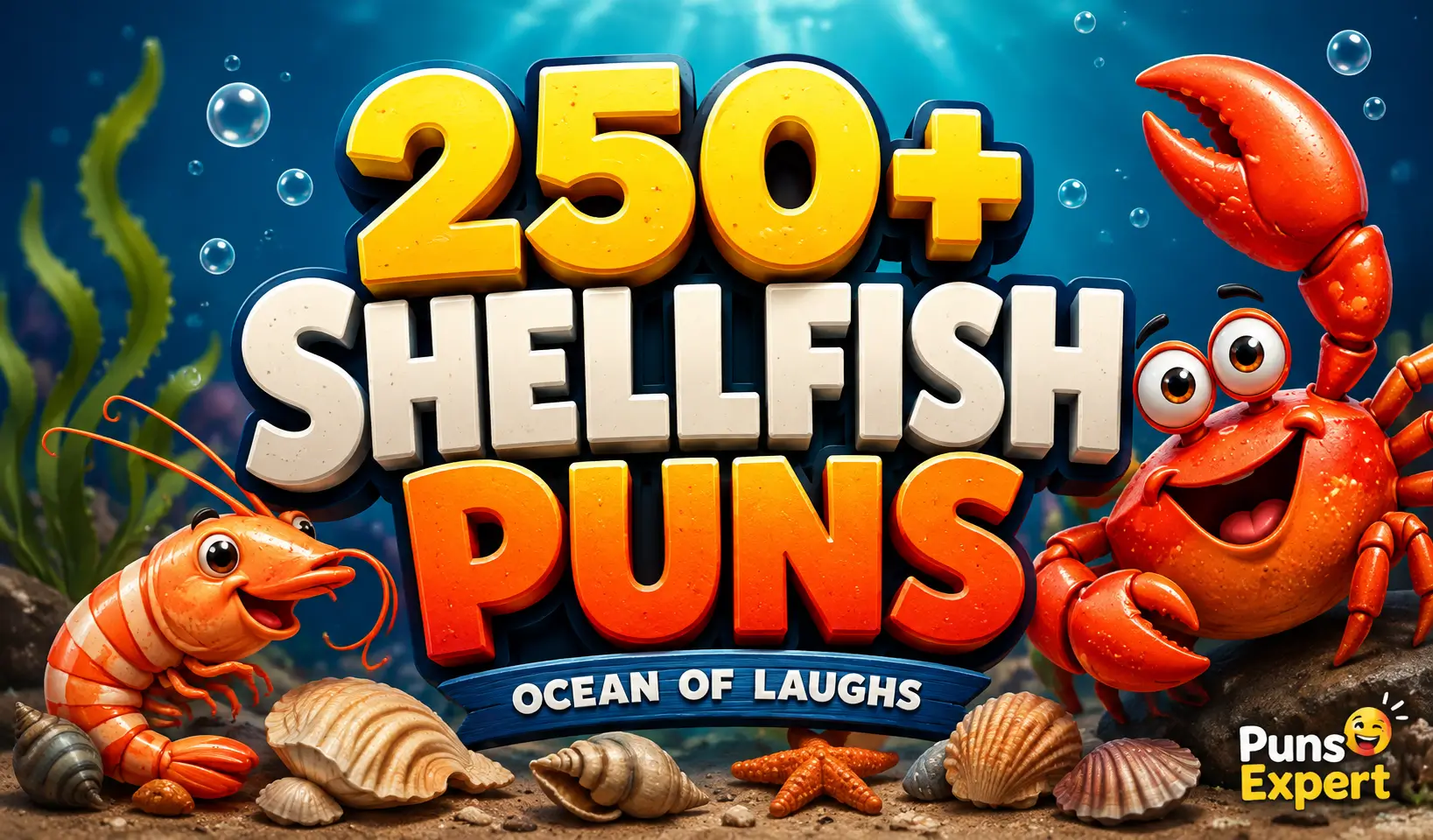 Colorful cartoon thumbnail featuring a happy crab, shrimp, and bold 3D "250+ Shellfish Puns" title for shellfish puns.