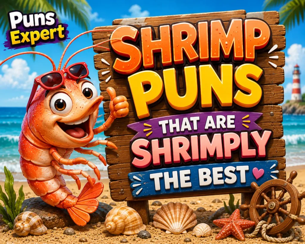 Smiling cartoon shrimp beside a wooden sign reading "Shrimp Puns That Are Shrimply the Best" with the Puns Expert logo.