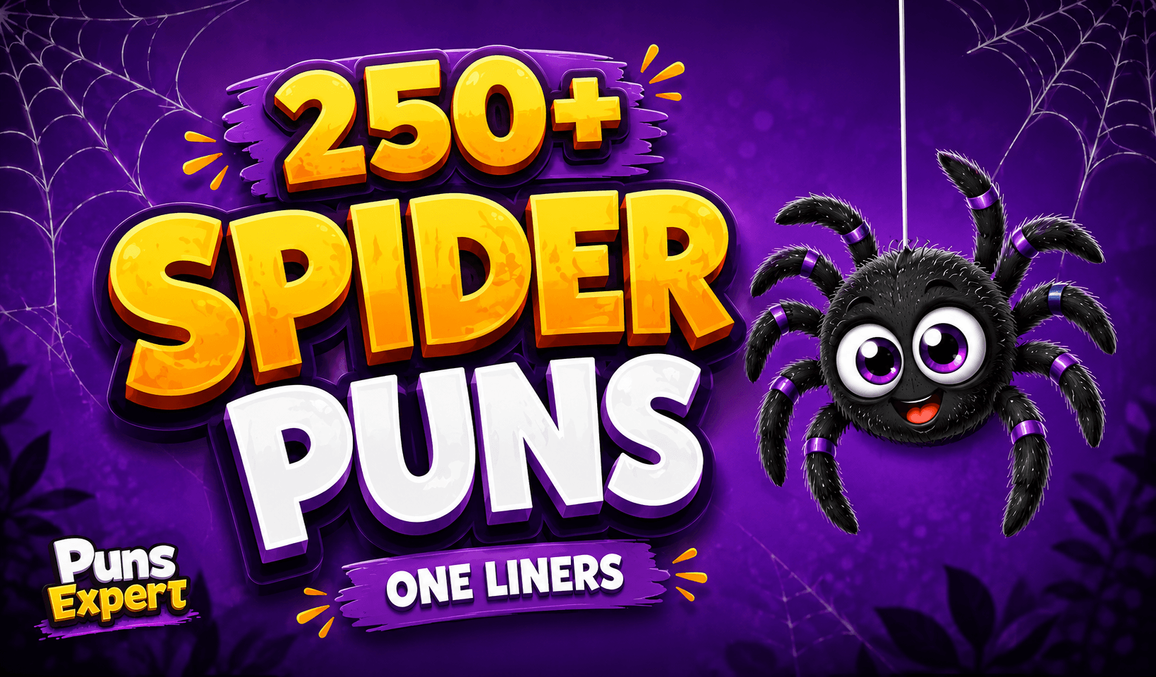 Cute cartoon spider beside bold 3D Spider Puns One Liners title with Puns Expert logo on a purple web background.