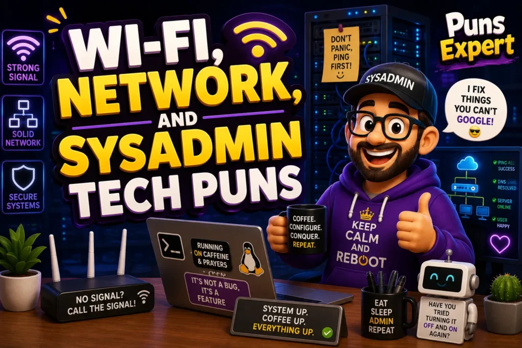 Cartoon sysadmin in a server room with Wi-Fi and network-themed Tech Puns illustration.