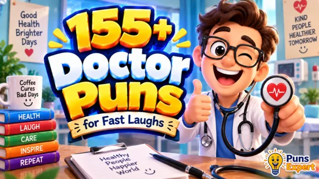 Colorful doctor puns thumbnail with a cheerful cartoon doctor, stethoscope, and bold 3D "155+ Doctor Puns" text.