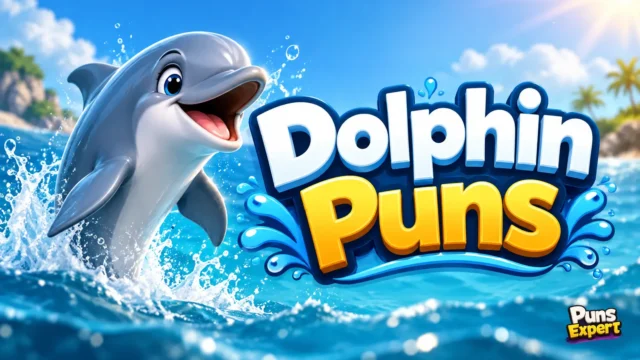 Dolphin puns thumbnail with a cheerful cartoon dolphin and bold 3D “Dolphin Puns” text