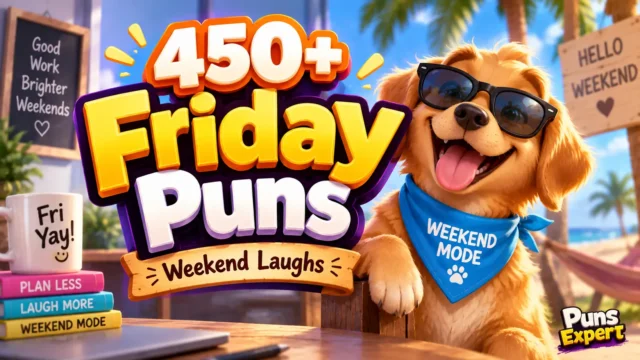 Colorful Friday puns thumbnail with bold 3D text, a cheerful weekend-themed dog, and Puns Expert branding.