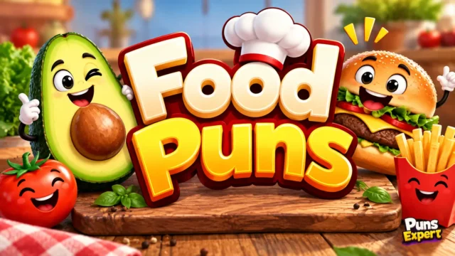 Funny food puns thumbnail with colorful cartoon foods and bold 3D “Food Puns” text