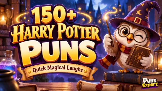 Colorful Harry Potter puns thumbnail featuring bold 3D text, a cheerful magical owl, and fantasy-themed magical elements.