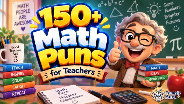 Colorful thumbnail featuring bold 3D math puns text and a cheerful teacher mascot for math puns for teachers.